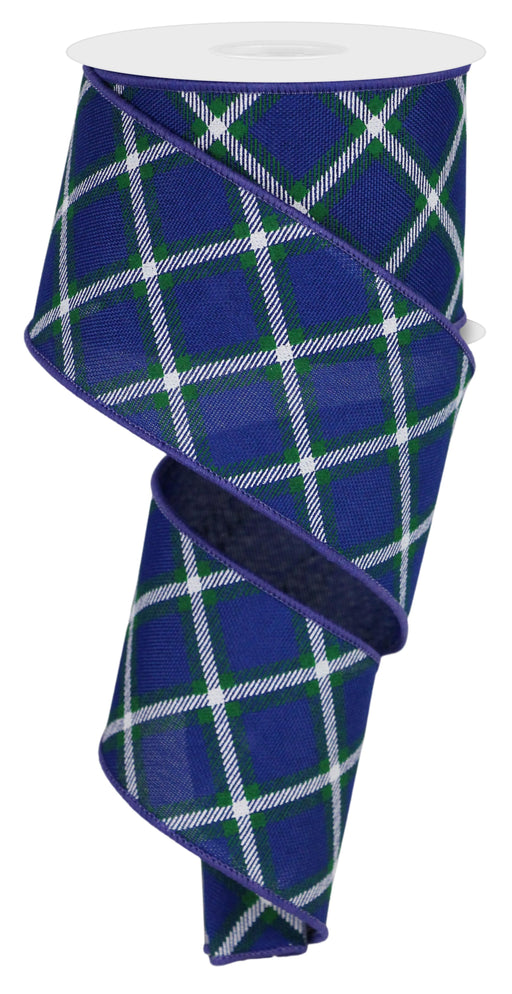 Diagonal Plaid Wired Christmas Ribbon - 2 1/2 inch x 10 Yards, Royal Blue, White & Green Plaid