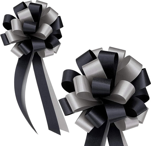 CUSTOM Black and Silver Pull Bows - 8" Wide, 7 Sets of 6, 42 Bows Total