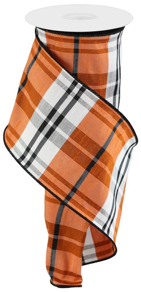 Autumn Plaid Wired Edge Ribbon - 4" x 10 Yards, Orange, Black, White