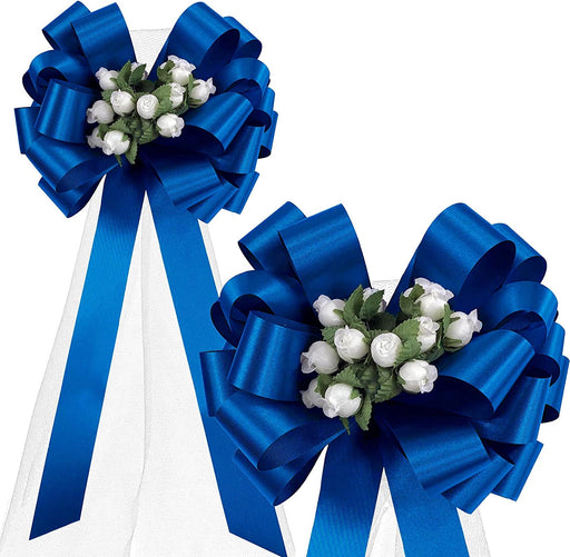 cornflower-blue-wedding-bows-with-white-rosebuds