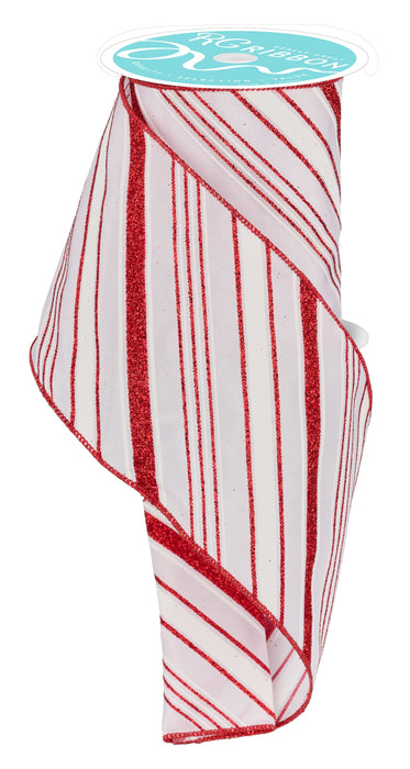 Red Glitter Stripes Wired Ribbon - 4" x 10 Yards, Red White Candy Cane