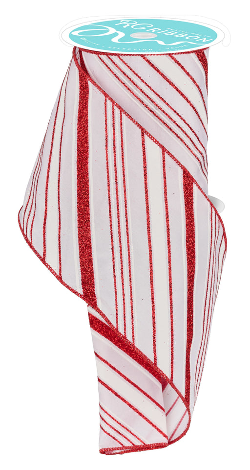 Red Glitter Stripes Wired Ribbon - 4" x 10 Yards, Red White Candy Cane