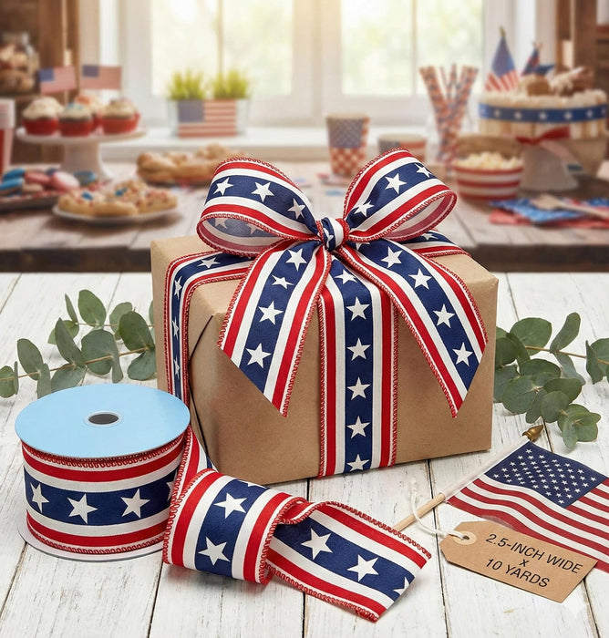 Stars & Stripes Patriotic Ribbon - 2 1/2" x 10 Yards, 4th of July, America 250 Anniversary, Red White Blue, American Flag, Wired Edge, Wreath, USA Decorations, Rustic, Election Booth, 1776