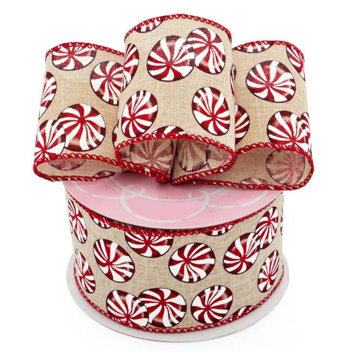 Round Peppermint Candy Wired Christmas Ribbon - 2 1/2" x 10 Yards