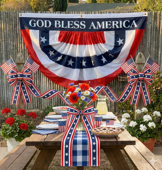 Stars & Stripes Patriotic Ribbon - 2 1/2" x 10 Yards, 4th of July, America 250 Anniversary, Red White Blue, American Flag, Wired Edge, Wreath, USA Decorations, Rustic, Election Booth, 1776