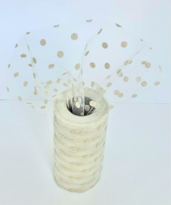 Ivory Polka Dot Tulle Decor - 6" x 25 Yards, Fabric Netting Ribbon