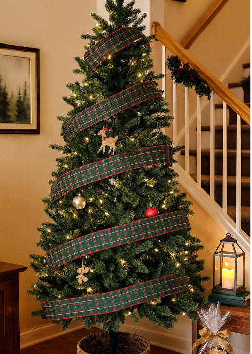4 inch wide  red green ribbon wrapped around Christmas tree