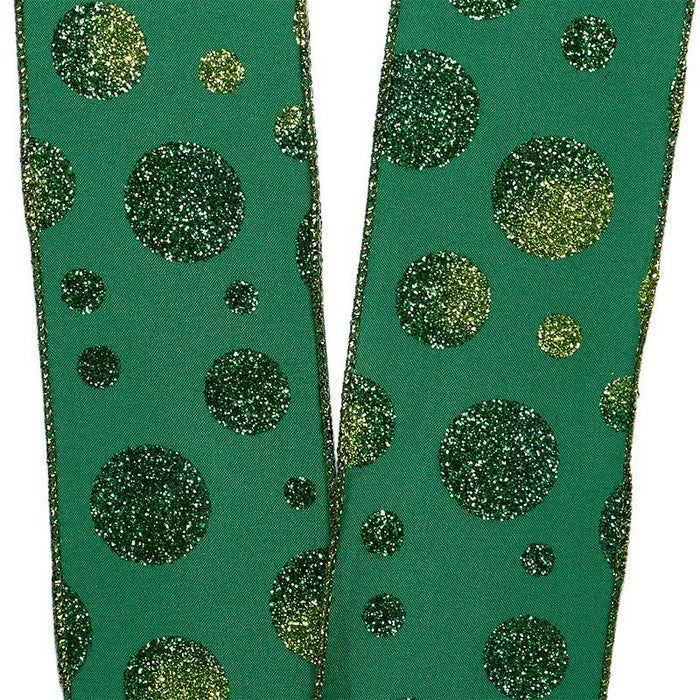 Green Glitter Polka Dots Satin Wired Ribbon - 2 1/2" x 10 Yards, Christmas, Gift Basket