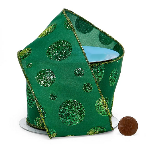 Green Glitter Polka Dots Satin Wired Ribbon - 2 1/2" x 10 Yards, Christmas, Gift Basket