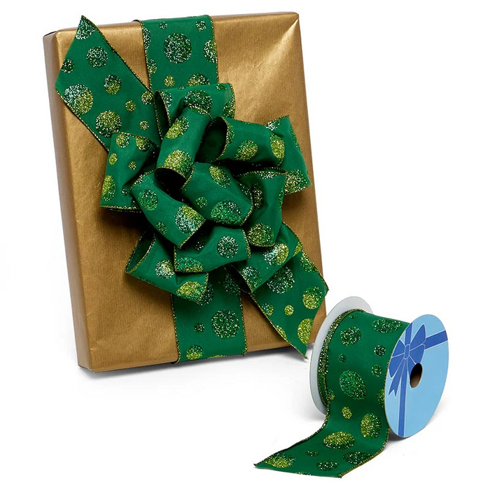 Green Glitter Polka Dots Satin Wired Ribbon - 2 1/2" x 10 Yards, Christmas, Gift Basket