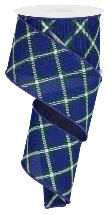 Diagonal Plaid Wired Christmas Ribbon - 2 1/2 inch x 10 Yards, Royal Blue, White & Green Plaid
