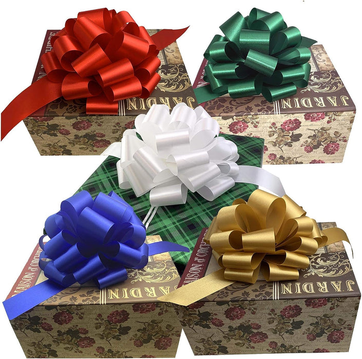 Gold, White, Green, Blue, Red Pull Bows for Large Christmas Gifts - 9" Wide, Set of 5