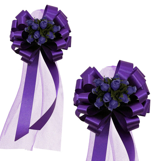 Purple Wedding Pull Bows with Tulle Tails and Rosebuds - Set of 6