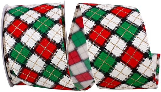 Christmas Argyle Diamonds Wired Ribbon - 2 1/2" x 10 Yards