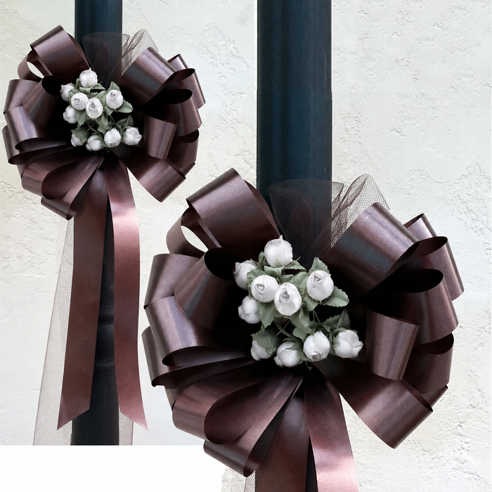 Brown Pull Bows with Tulle Tails & Rosebuds - 8" Wide, Set of 6, Fall, Thanksgiving, Christmas, Wedding Pew Bows, Aisle Decoration, Reception, Anniversary, Decor, Birthday, Party, School Dance