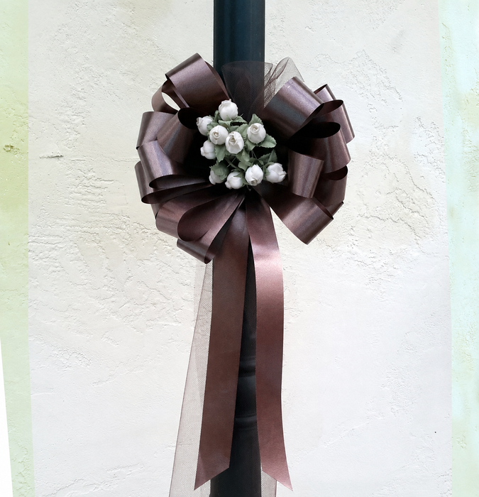Brown Pull Bows with Tulle Tails & Rosebuds - 8" Wide, Set of 6, Fall, Thanksgiving, Christmas, Wedding Pew Bows, Aisle Decoration, Reception, Anniversary, Decor, Birthday, Party, School Dance
