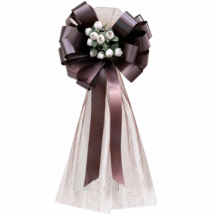 Brown Pull Bows with Tulle Tails & Rosebuds - 8" Wide, Set of 6, Fall, Thanksgiving, Christmas, Wedding Pew Bows, Aisle Decoration, Reception, Anniversary, Decor, Birthday, Party, School Dance