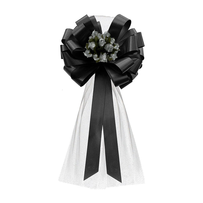 Black Pull Bows with Silver Tulle Tails and Silver Rosebuds - 8" Wide, Set of 6