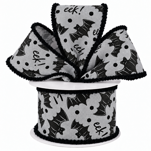 Gray Bats Eek Wired Ribbon - 2 1/2" x 10 Yards, Halloween, Black Fluffy Edges, Trick or Treat, Pumpkin Patch, Gift Wrapping, Wreath, Party Decor, School, Office, Fundraiser