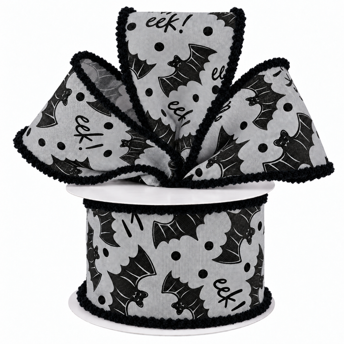 Gray Bats Eek Wired Ribbon - 2 1/2" x 10 Yards, Halloween, Black Fluffy Edges, Trick or Treat, Pumpkin Patch, Gift Wrapping, Wreath, Party Decor, School, Office, Fundraiser