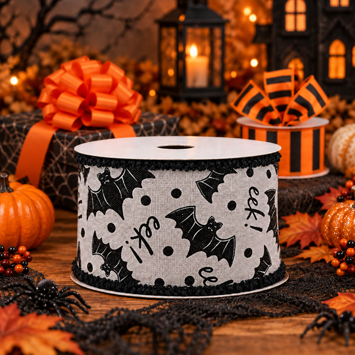 Gray Bats Eek Wired Ribbon - 2 1/2" x 10 Yards, Halloween, Black Fluffy Edges, Trick or Treat, Pumpkin Patch, Gift Wrapping, Wreath, Party Decor, School, Office, Fundraiser