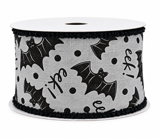 Gray Bats Eek Wired Ribbon - 2 1/2" x 10 Yards, Halloween, Black Fluffy Edges, Trick or Treat, Pumpkin Patch, Gift Wrapping, Wreath, Party Decor, School, Office, Fundraiser