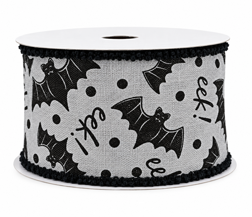 Gray Bats Eek Wired Ribbon - 2 1/2" x 10 Yards, Halloween, Black Fluffy Edges, Trick or Treat, Pumpkin Patch, Gift Wrapping, Wreath, Party Decor, School, Office, Fundraiser