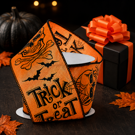 Halloween Trick Or Treat Ribbon - 2 1/2" x 10 Yards, Skulls, Crossbones Bows, Bats, Spider Web, Wreath, Party Decor, Gift Wrapping, Classroom, Office, Haunted House, Garland