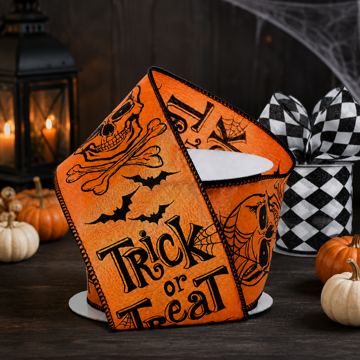 Halloween Trick Or Treat Ribbon - 2 1/2" x 10 Yards, Skulls, Crossbones Bows, Bats, Spider Web, Wreath, Party Decor, Gift Wrapping, Classroom, Office, Haunted House, Garland