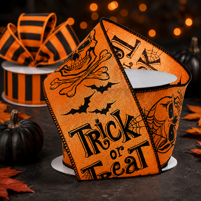 Halloween Trick Or Treat Ribbon - 2 1/2" x 10 Yards, Skulls, Crossbones Bows, Bats, Spider Web, Wreath, Party Decor, Gift Wrapping, Classroom, Office, Haunted House, Garland