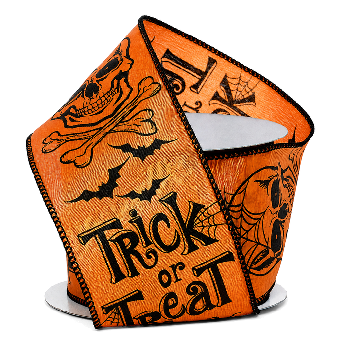 Halloween Trick Or Treat Ribbon - 2 1/2" x 10 Yards, Skulls, Crossbones Bows, Bats, Spider Web, Wreath, Party Decor, Gift Wrapping, Classroom, Office, Haunted House, Garland