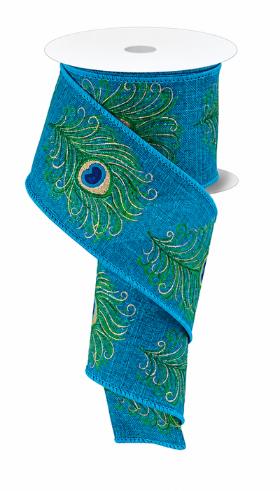 Peacock Print Wired Ribbon - 2 1/2 inch x 10 Yards, Fall, Thanksgiving, Christmas, Tree Decor, Gift Ribbon, Blue, Green, Gold, Feathers, Wedding, DIY Wreath, Swag, Garland