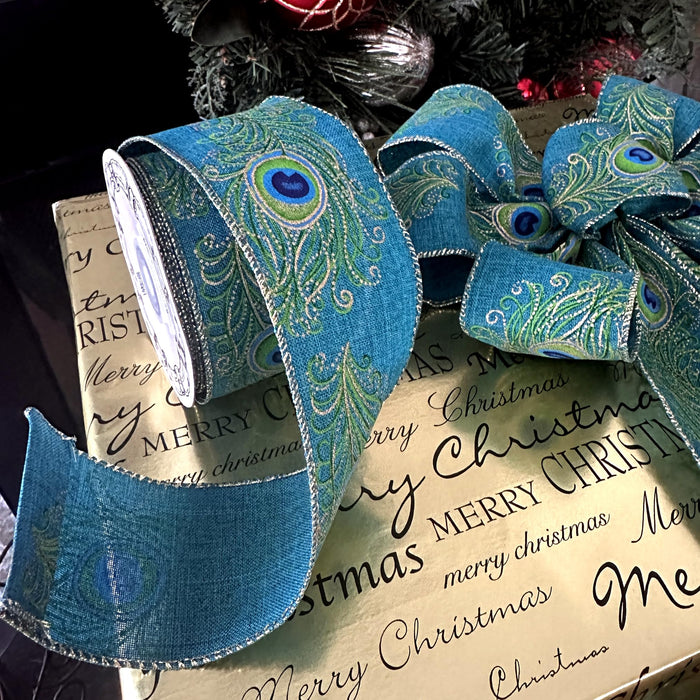Peacock Print Wired Ribbon - 2 1/2" x 10 Yards, Fall, Thanksgiving, Christmas, Tree Decor, Gift Ribbon, Blue, Green, Gold, Feathers, Wedding, DIY Wreath, Swag, Garland