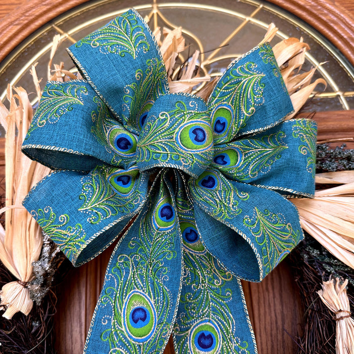Peacock Print Wired Ribbon - 2 1/2" x 10 Yards, Fall, Thanksgiving, Christmas, Tree Decor, Gift Ribbon, Blue, Green, Gold, Feathers, Wedding, DIY Wreath, Swag, Garland