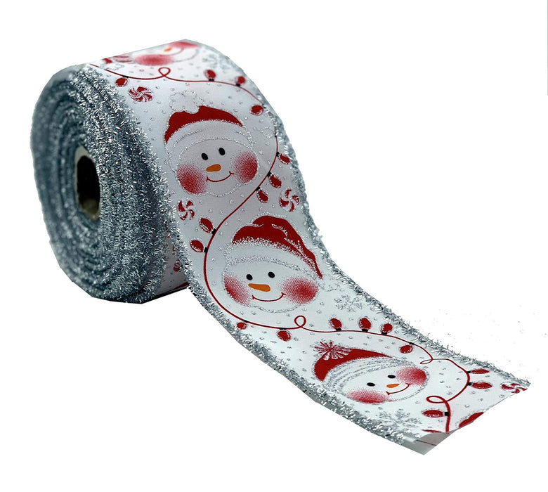 Christmas Tinsel Wired Edge Ribbon - 2 1/2" x 10 Yards, Smiling Snowman, Glitter Snowflakes and Christmas Lights, Gifts, Bows, Wreath, Presents, Decor, Boxing Day, Gift Basket
