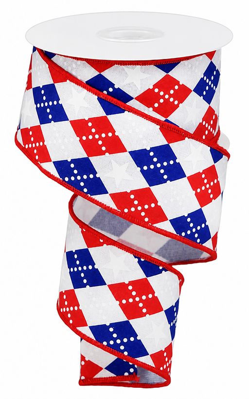 Patriotic Harlequin Stars Wired Ribbon - 2 1/2" x 10 Yards, Veterans Day, Red Blue Diamonds, White Stars, Gift Wrapping, Wreath Decoration, Americana Design, 4th of July, Memorial Day, Election Day