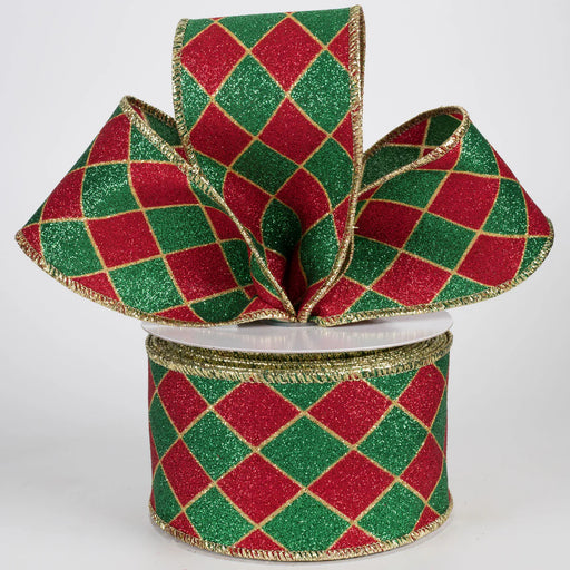 Christmas Harlequin Diamonds Wired Ribbon - 2 1/2" x 10 Yards, Gift Wrapping, Red, Green, Gold Edges, Wreath, Garland, Tree Decoration, Fundraiser, Winter Decor