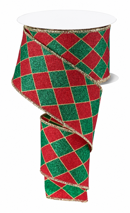 Christmas Harlequin Diamonds Wired Ribbon - 2 1/2" x 10 Yards, Gift Wrapping, Red, Green, Gold Edges, Wreath, Garland, Tree Decoration, Fundraiser, Winter Decor