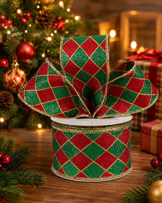 Christmas Harlequin Diamonds Wired Ribbon - 2 1/2" x 10 Yards, Gift Wrapping, Red, Green, Gold Edges, Wreath, Garland, Tree Decoration, Fundraiser, Winter Decor