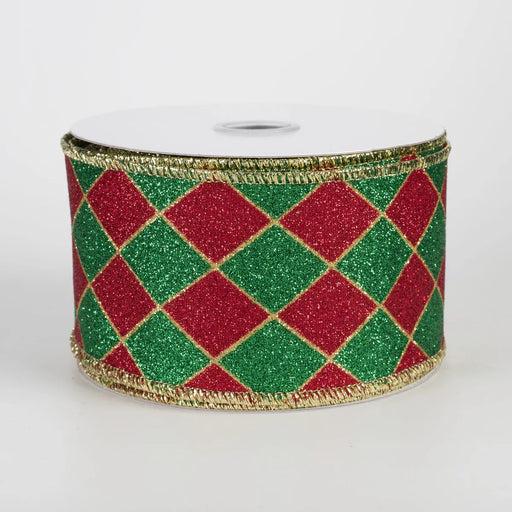 Christmas Harlequin Diamonds Wired Ribbon - 2 1/2" x 10 Yards, Gift Wrapping, Red, Green, Gold Edges, Wreath, Garland, Tree Decoration, Fundraiser, Winter Decor