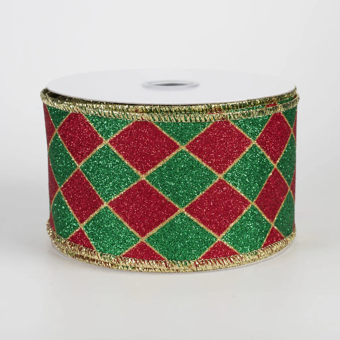 Christmas Harlequin Diamonds Wired Ribbon - 2 1/2" x 10 Yards, Gift Wrapping, Red, Green, Gold Edges, Wreath, Garland, Tree Decoration, Fundraiser, Winter Decor