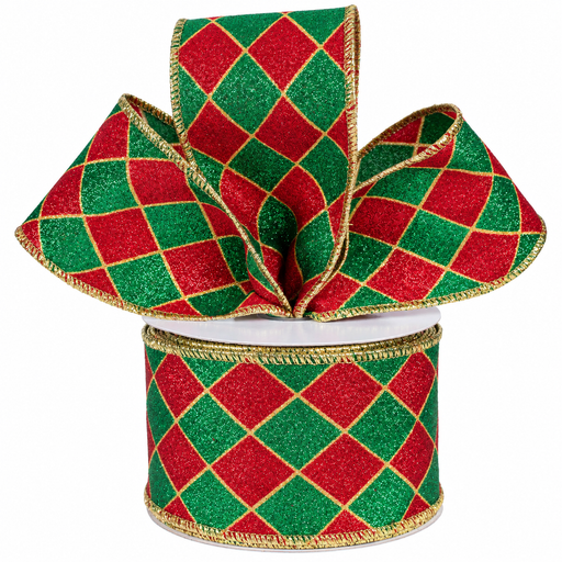 Red Green Harlequin Diamonds Wired Ribbon - 2 1/2" x 10 Yards, Christmas, Gift Wrapping, Gold Edges, Wreath, Garland, Tree Decoration, Fundraiser, Winter Decor