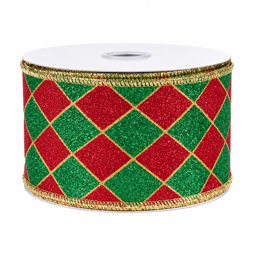 Red Green Harlequin Diamonds Wired Ribbon - 2 1/2" x 10 Yards, Christmas, Gift Wrapping, Gold Edges, Wreath, Garland, Tree Decoration, Fundraiser, Winter Decor