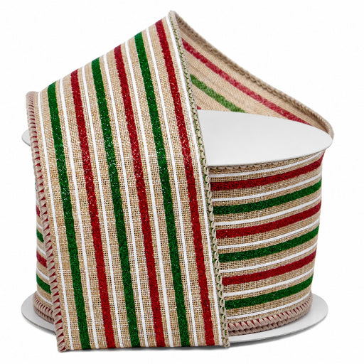 Christmas Glitter Striped Wired Ribbon - 2 1/2" x 10 Yards, Red, Green, White, Natural Holiday Decor, Bows, Wreath, Garland, Swag Decoration, Bows, Gift Wrapping, Rustic Farmhouse
