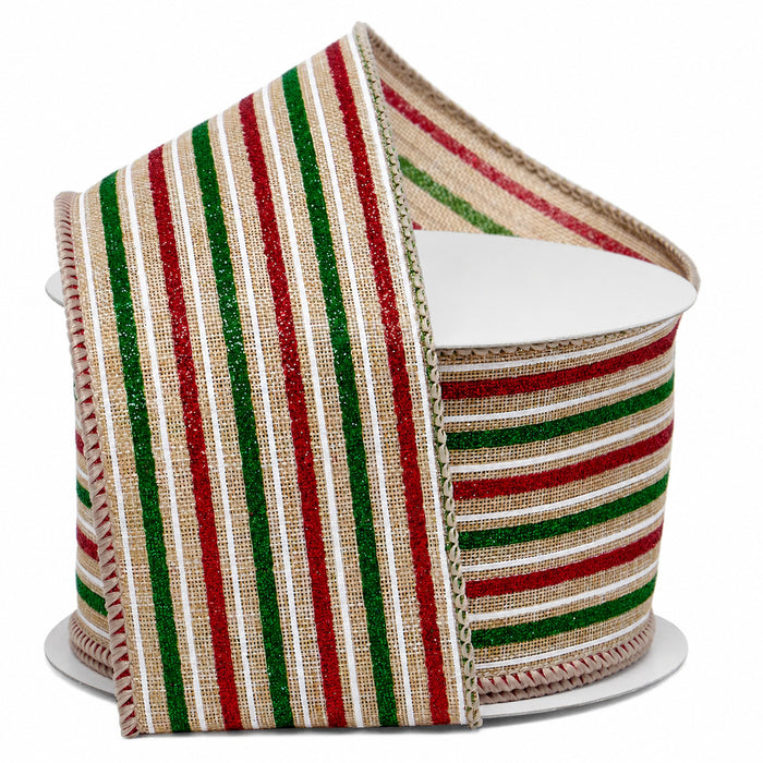 Christmas Glitter Striped Wired Ribbon - 2 1/2" x 10 Yards, Red, Green, White, Natural Holiday Decor, Bows, Wreath, Garland, Swag Decoration, Bows, Gift Wrapping, Rustic Farmhouse