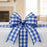 Blue and white checkered bow on a wrapped gift