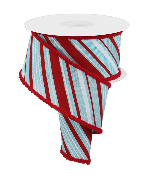 Peppermint Stripe Ribbon - 2 1/2" X 10 Yards, Ice Blue, White, and Red, Fuzzy Red Wired Edge Christmas Ribbon Roll