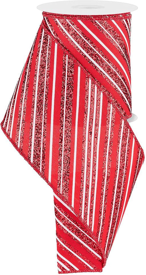 Metallic Red Diagonal Striped Wired Christmas Ribbon - 4" x 10 Yards