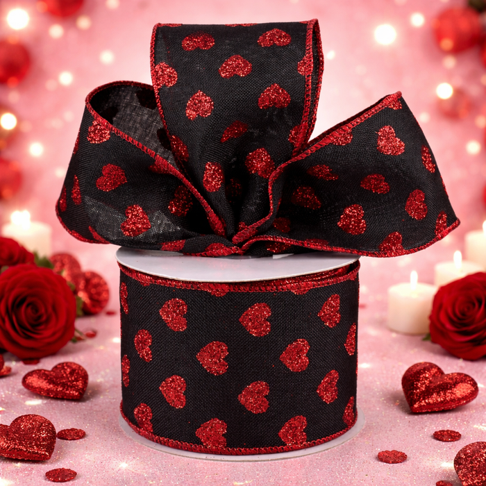 Metallic Red Glitter Hearts Ribbon – 2 1/2" x 10 Yards