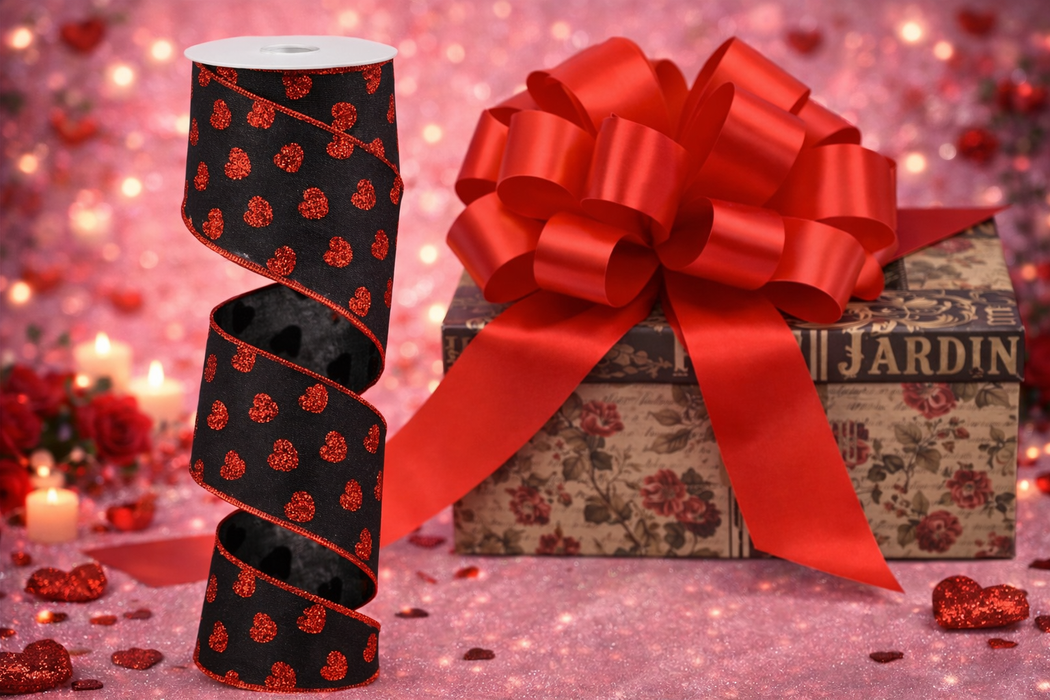 Metallic Red Glitter Hearts Ribbon – 2 1/2" x 10 Yards